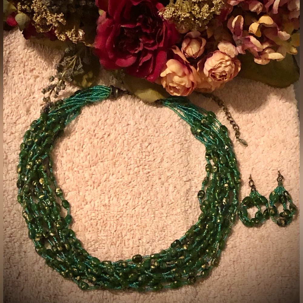 Eś Mor Mermaid Green Multi-Strand Beaded Necklace & Earrings